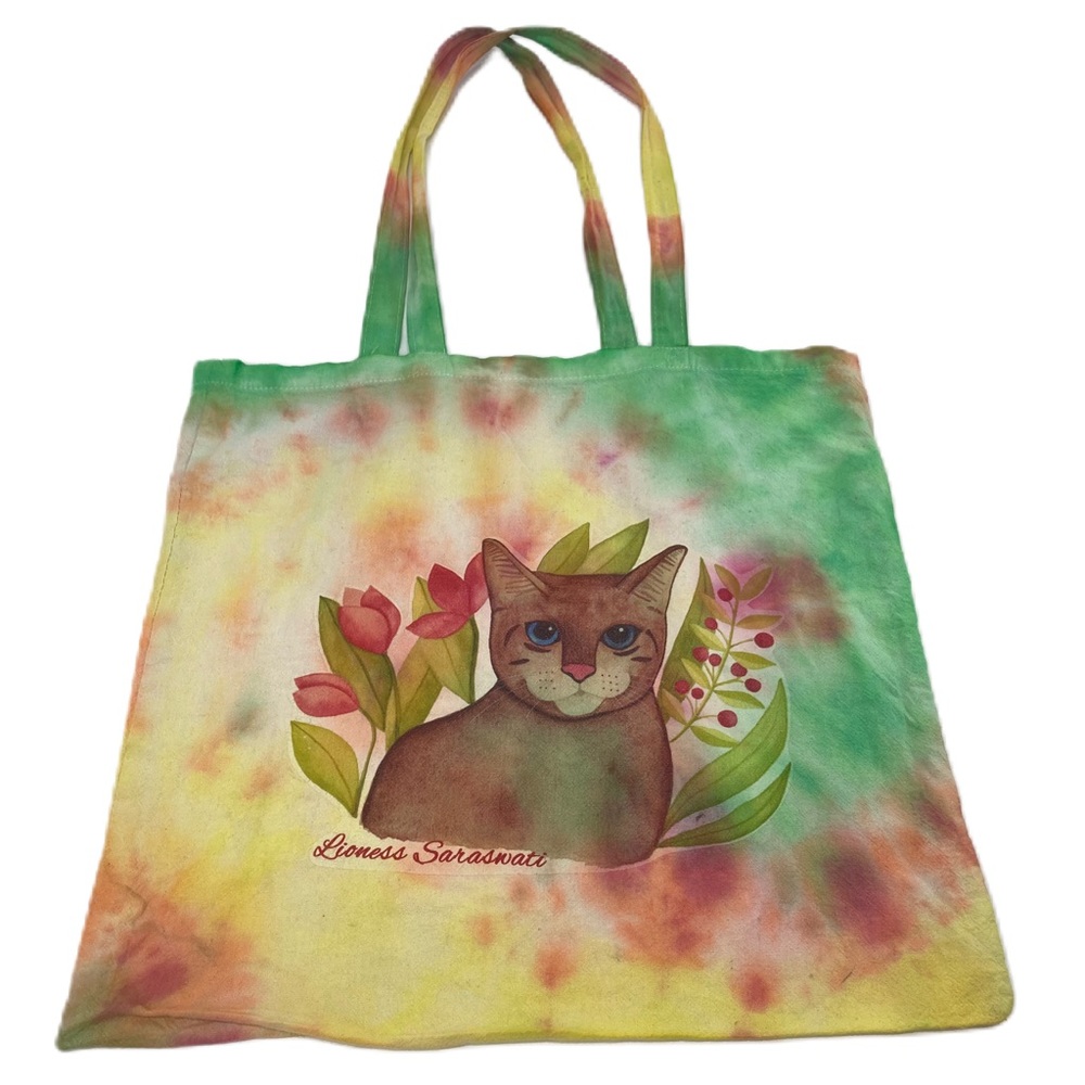 Cat Print Canvas Tye dye floral Rasta colors tote Bag